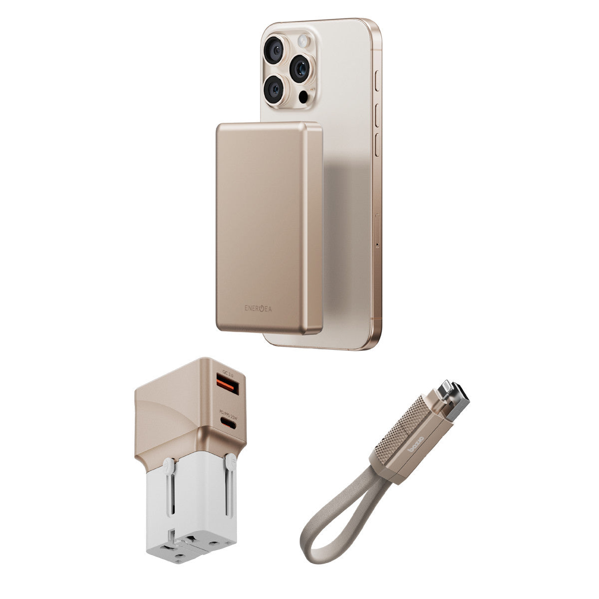 Energea X Bazic Travel Kit Universal TravelWorld 25W Adaptör AluPac 10.000 mAh Powerbank ve AluCable 15 CM 60W USB to Lightning Kablolu Set Travel Çanta